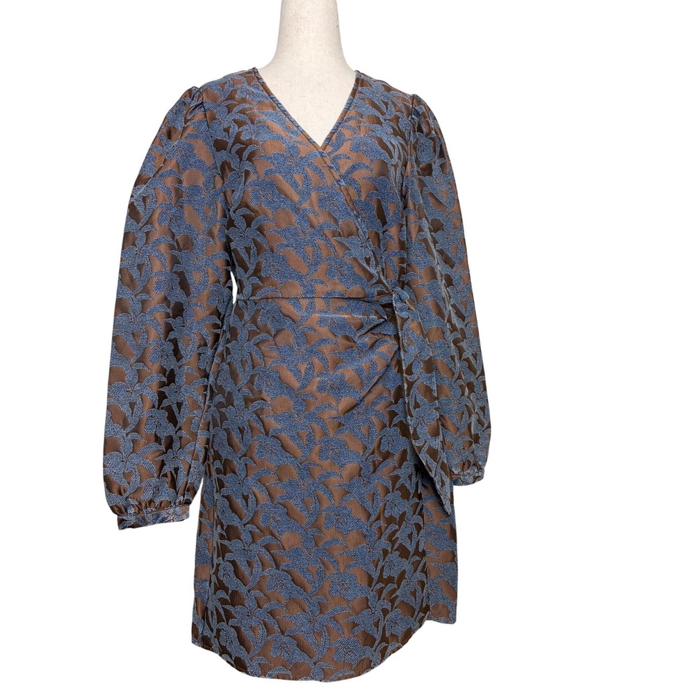 FRNCH Blue Brown Jacquard‎ Floral Wrap Mini Dress Long Sleeve V-Neck S NWT